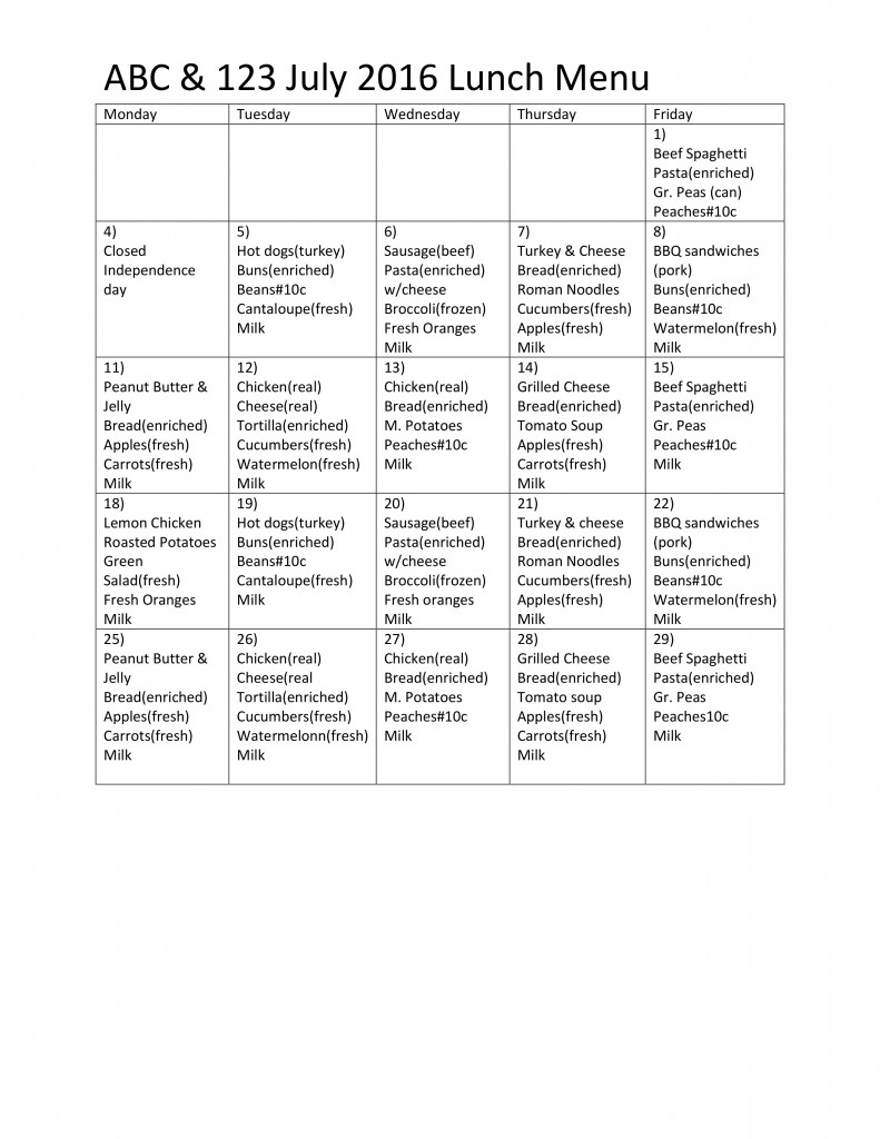 July Lunch Menu - ABC&123 Daycare - Serving Hockley, Magnolia, Waller